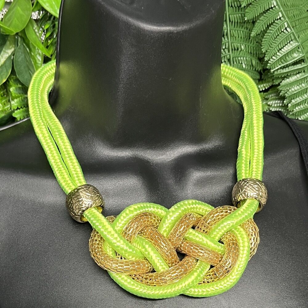 Necklace Women Fashion Gold Tone Green Rope Choker Braided Statement 3980